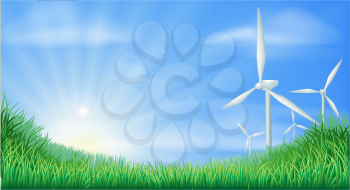 Illustration of wind turbines in green landscape for sustainable renewable energy power generation 