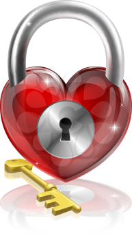 Key to your heart conceptual illustration. A heart shaped padlock with a brass key.