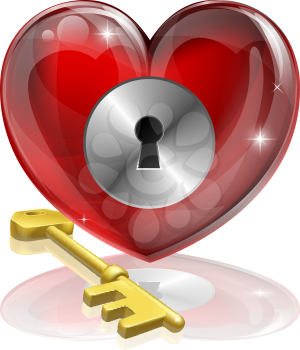 Heart lock and key concept illustration, could be symbol for finding love or repressing feelings or being guarded
