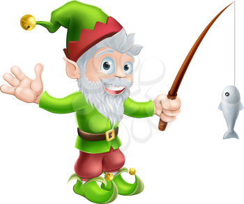 Illustration of a cute happy waving garden gnome elf character or mascot with a fishing rod