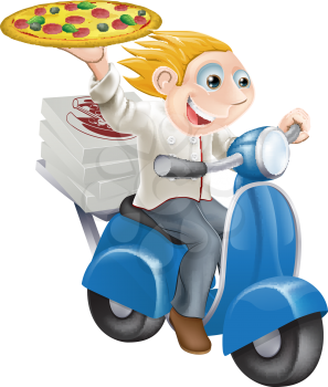 Graphic of a fast food pizza chef speeding along in his chef whites delivering pizza.