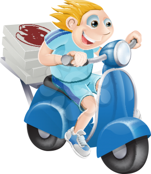 A cartoon pizza delivery man delivering pizza on his moped motor bike.