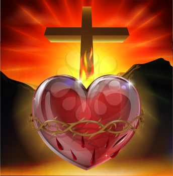 Illustration of the Christian symbol of the sacred heart. A heart shining with divine light with crown of thorns,  lance wound and flame representing divine love.