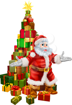 An illustration of happy Christmas Santa Claus with a large stack of presents or gifts in a Christmas tree shape with a star on top.