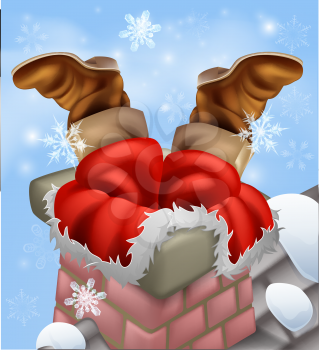 Christmas illustration of Santa stuck in a chimney while delivering his Christmas gifts.