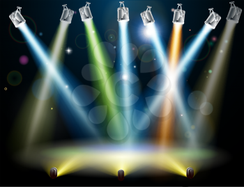 Dramatic multicolored lights like those on a dance floor in a disco or used in a stage light show