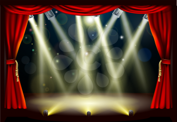 Illustration of a theater stage with lots of stage lights or spotlights with footlights