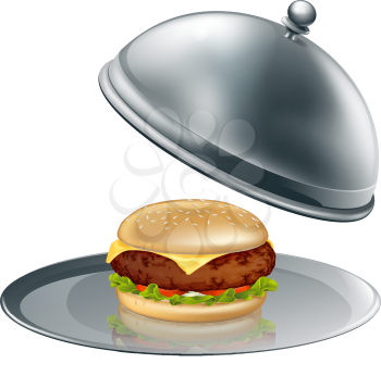 Illustration of a cheese burger on silver platter. Could be a concept for inflated worth or luxury burgers.
