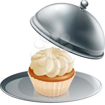A cupcake or muffin on a silver platter, concept could be for gourmet baking or a special treat during a diet.