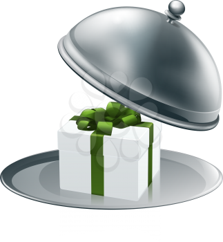 Illustration of a luxury gift on a silver platter tied with green ribbon and bow
