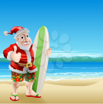 An illustration of Santa Claus standing in shorts and sandals on a beach holding a surfboard and doing a thumbs up