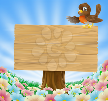 Illustration of a robin bird on a wood sign in a country field filled with pretty flowers