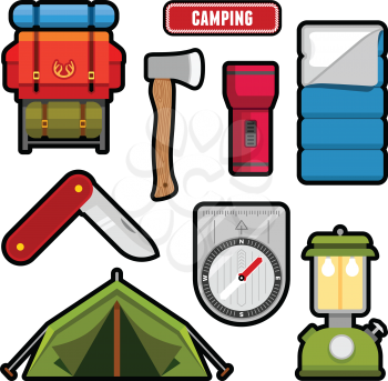 Set of camping equipment graphics and icons