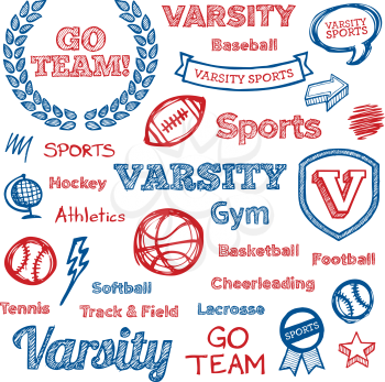 Set of hand drawn school sports text lettering and icons