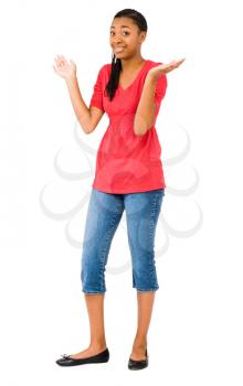 Royalty Free Photo of a Girl Modeling Clothes Doing a Gesture with her Hands 