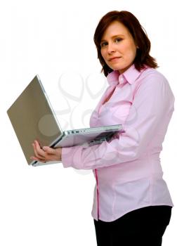 Portrait of a Woman using a Laptop and Smiling on White Background