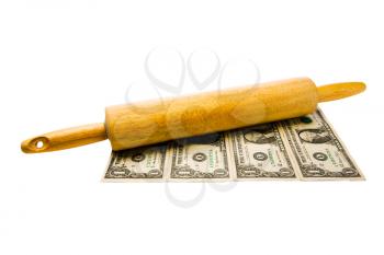 Royalty Free Photo of a Rolling Pin on Top of Dollar Bills
