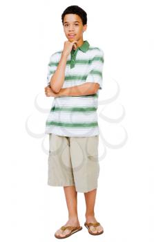 Teenage boy posing with his hand on chin isolated over white