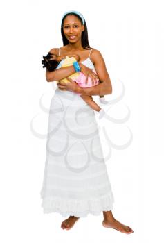 African American woman carrying her daughter and smiling isolated over white