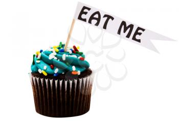 EAT ME text tag on a cupcake isolated over white