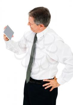 Businessman looking at a placard and thinking isolated over white
