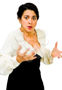 Angry mature woman gesturing and posing isolated over white