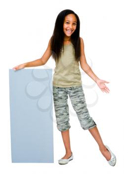 Mixedrace girl showing an empty placard isolated over white