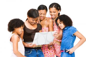 Aafrican American friends using a laptop and smiling isolated over white