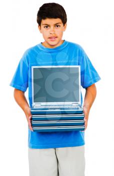 Boy holding a stack of laptops isolated over white