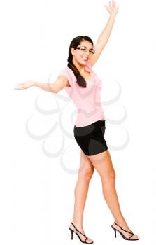Mid adult woman dancing and smiling isolated over white