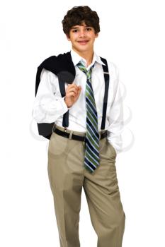 Confident boy posing and smiling isolated over white