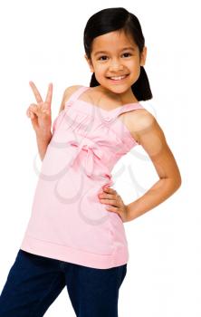 Smiling girl showing peace sign and posing isolated over white