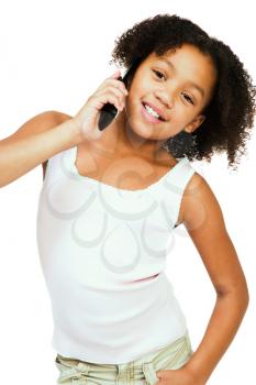 Girl standing and holding a phone isolated over white
