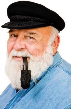 Confident man smoking with pipe isolated over white