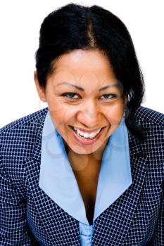Portrait of a mid adult businesswoman posing and smiling isolated over white