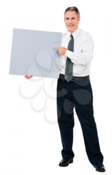 Portrait of a businessman showing a placard isolated over white