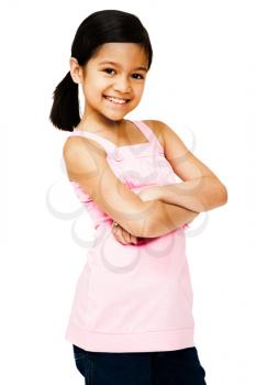 Close-up of a girl smiling and posing isolated over white