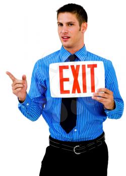 Portrait of a man showing an exit sign isolated over white