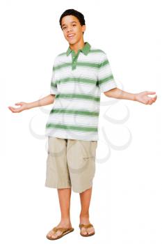Portrait of a teenage boy shrugging isolated over white