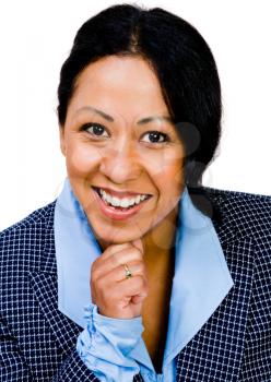Close-up of a mid adult businesswoman posing and smiling isolated over white