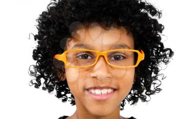 Portrait of a boy wearing eyeglasses and smiling isolated over white