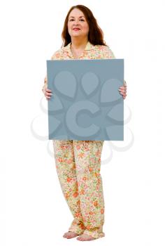 Caucasian mature woman showing a placard isolated over white