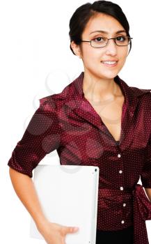 Beautiful woman holding a laptop and smiling isolated over white
