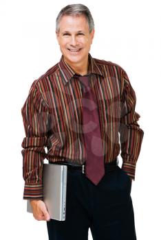 Portrait of a businessman holding a laptop isolated over white