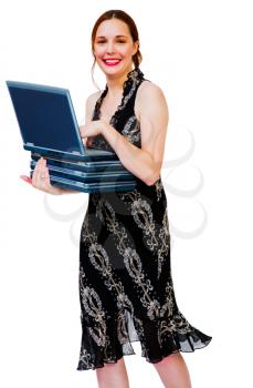 Beautiful woman using a laptop and smiling isolated over white
