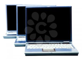 Row of laptops isolated over white