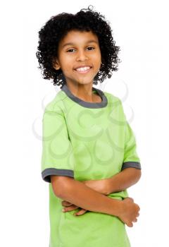 Latin American boy standing and smiling isolated over white
