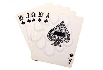 Playing cards showing royal flush isolated over white