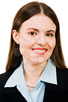Smiling businesswoman posing isolated over white