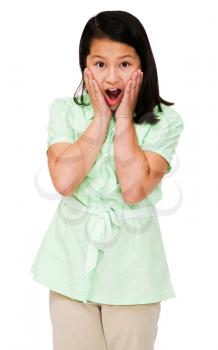 Shocked girl posing and standing isolated over white